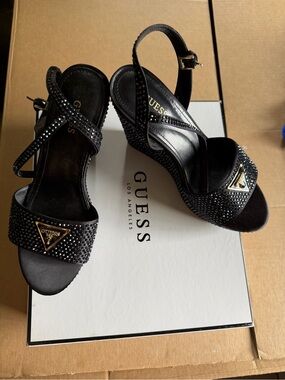 GUESS Black Crystal-Studded Open-Toe Slingback Heels with Gold Logo